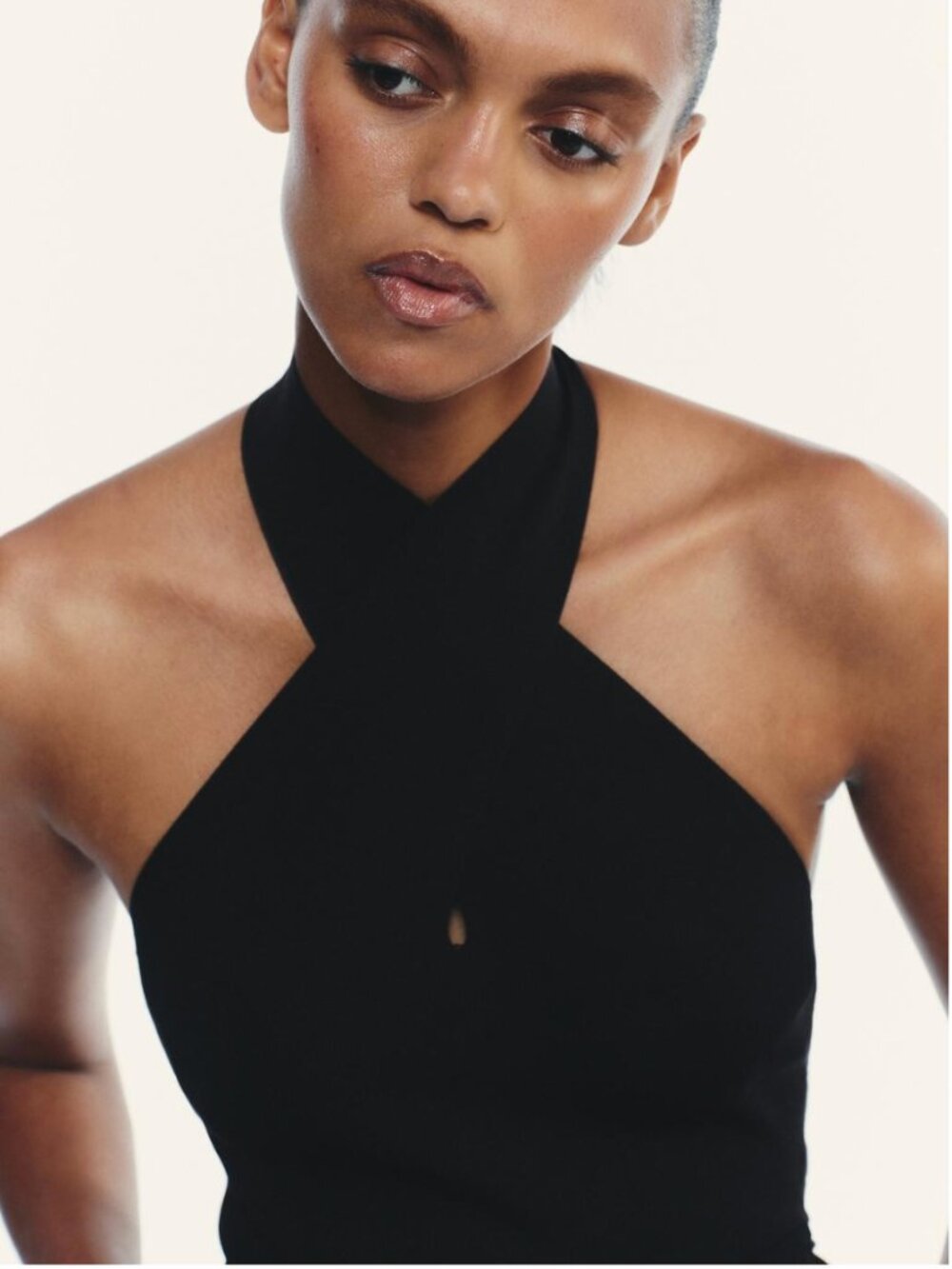 Zara Ruched Knit Halter Top V Neck Open Back Covered Buttons Black S NWT - Picture 2 of 14